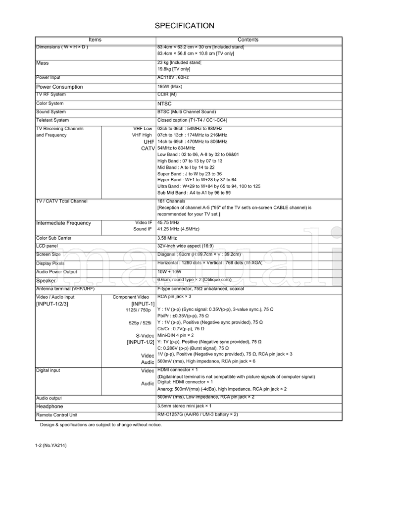 JVC YA214 LT-32X575 (87 pages) TV Service Manual