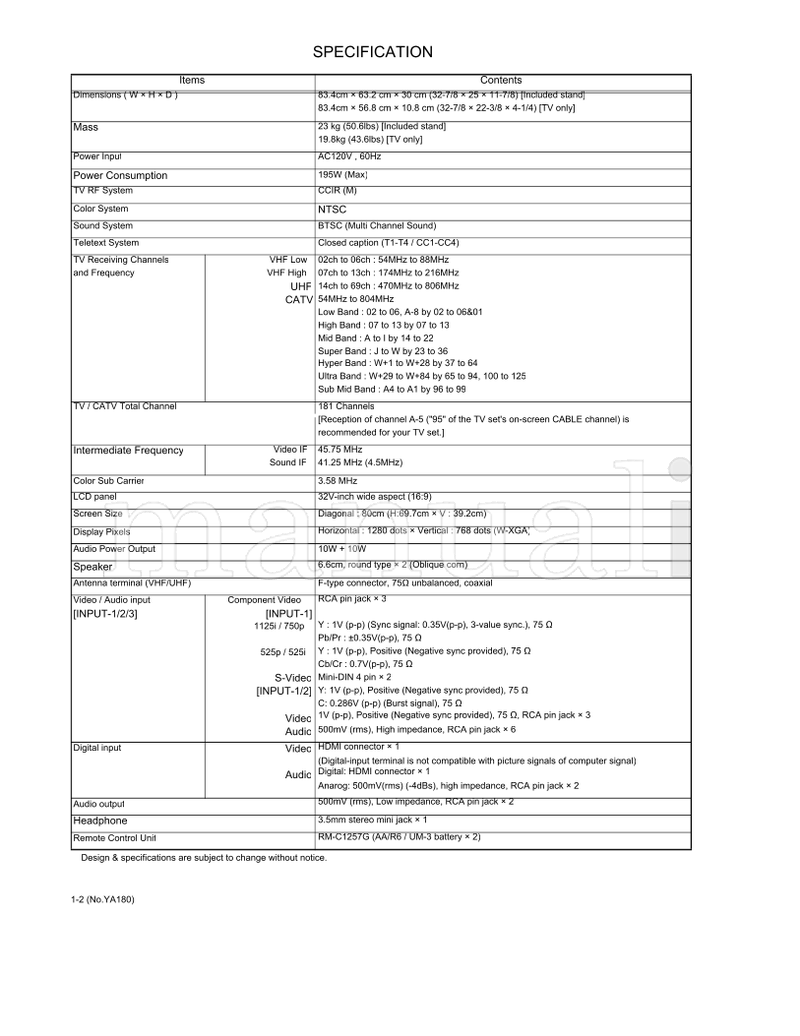 JVC YA180 LT-32X575 LT-32X585 (130 pages) TV Service Manual