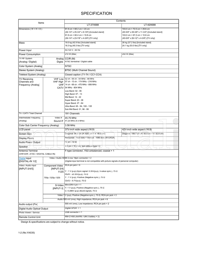 JVC YA535 LT-37X688 LT-42X688 (34 pages) TV Service Manual