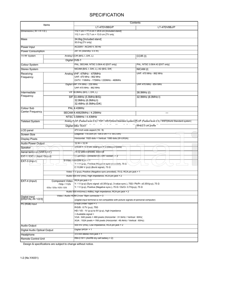 JVC YA551 LT-47DV8BG LT-47DV8BJ (80 pages) TV Service Manual