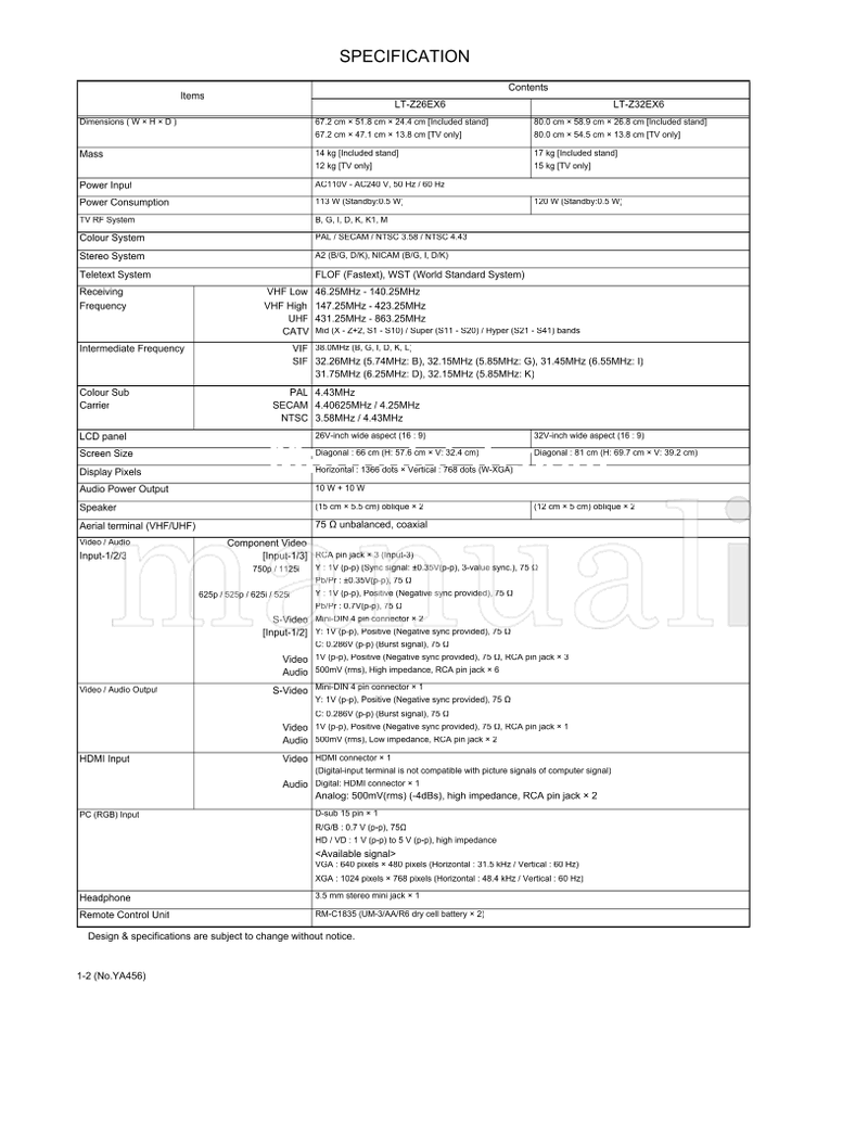 JVC YA456 LT-Z26EX6 LT-Z32EX6 (141 pages) TV Service Manual