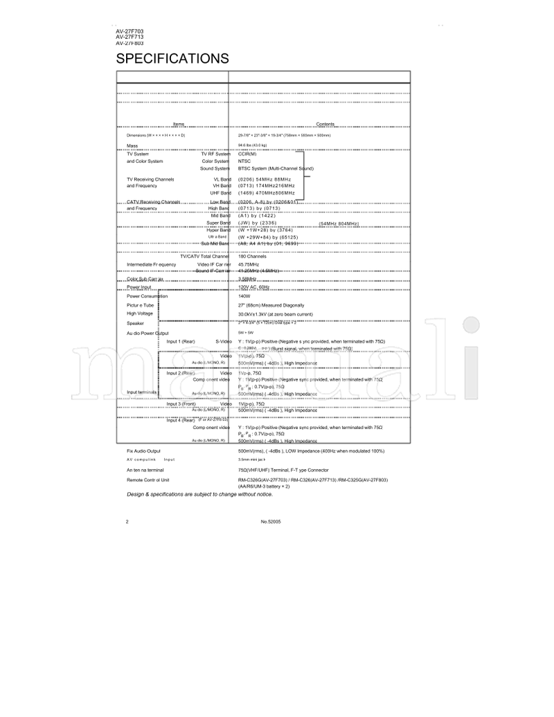 JVC RM-C326G AV-27F803 RM-C326 AV-27F703 AV-27F713 52005 (84 pages) TV Service Manual