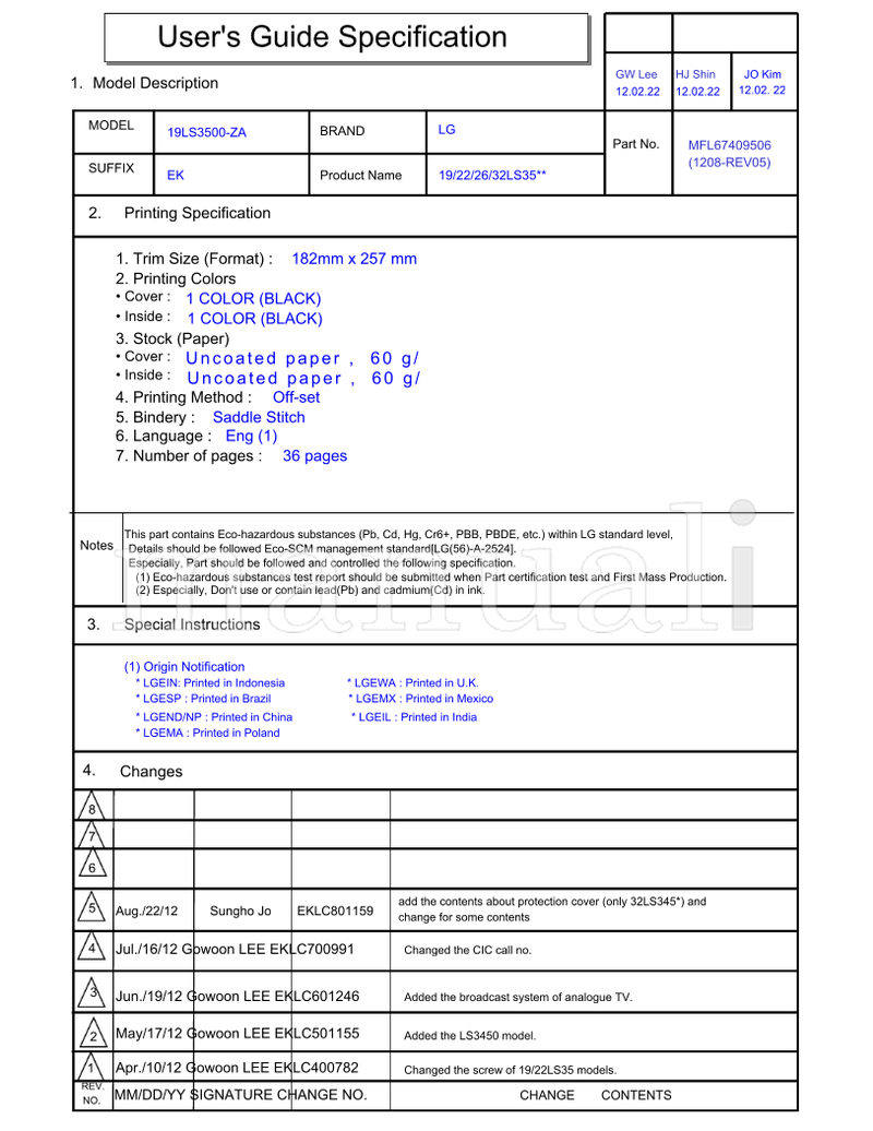 LG 19LS3500-ZA EKLC700991 EKLC601246 EKLC501155 EKLC400782 (38 pages) TV Operating Manual
