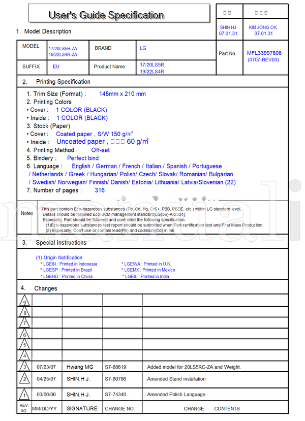LG 20LS5R-ZA 22LS4R-ZA 148mm S7-88619 S7-80786 S7-74340 20LS5R (320 pages) TV Operating Manual