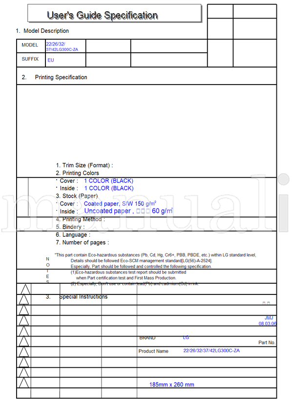 LG 42LG300C-ZA 185mm S8-32796 S8-30668 S8-20892 MFL34441619 (99 pages) TV Operating Manual