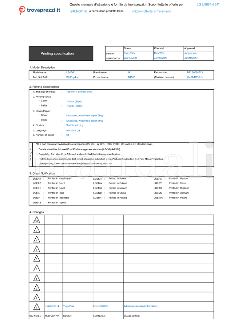 LG LB45-Z LB4500 EKLE200389 LN661H MFL68024513 (66 pages) TV Operating Manual