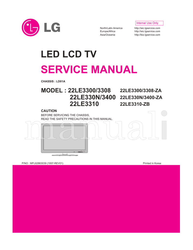 LG LD01A 22LE3300 MFL62863039 22LE330N 22LE3310 3308-ZA 3400-ZA (43 pages) TV Service Manual