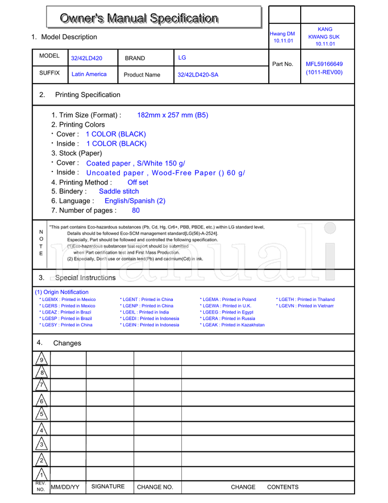 LG 42LD420 42LD420-SA MFL59166649 (82 pages) TV Operating Manual