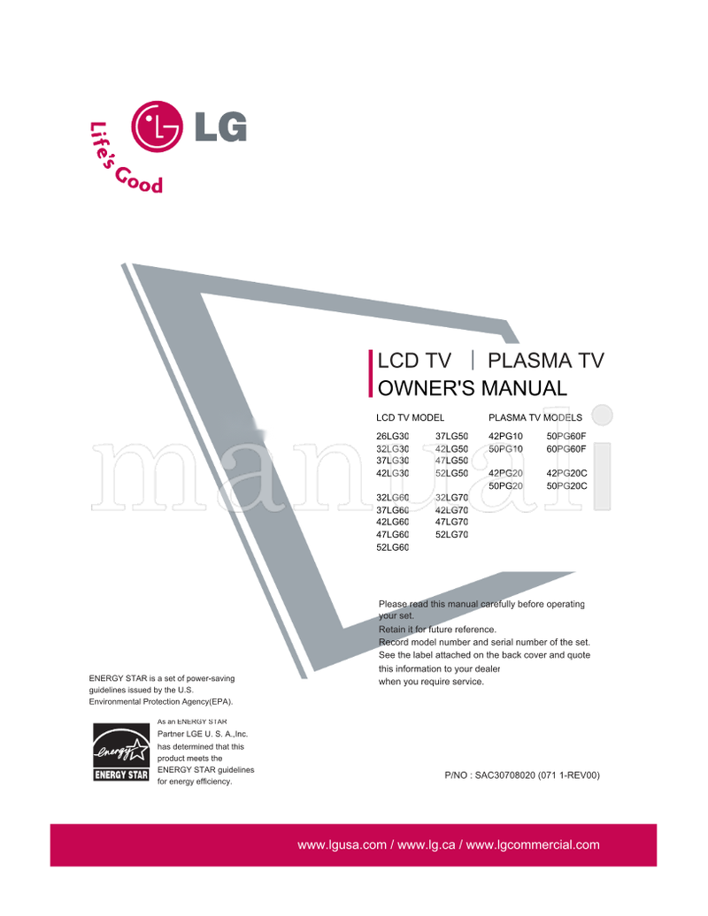 LG 26LG30 32LG30 37LG30 42LG30 32LG60 37LG60 42LG60 47LG60 (52 pages) TV Operating Manual