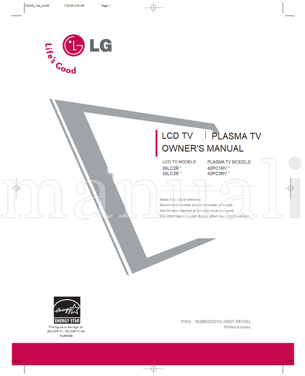 LG 0323G1-enrev06 26LC2R-TJ 32LC2R-TJ 26LC2R 42PC1RV 32LC2R (88 pages) TV Operating Manual