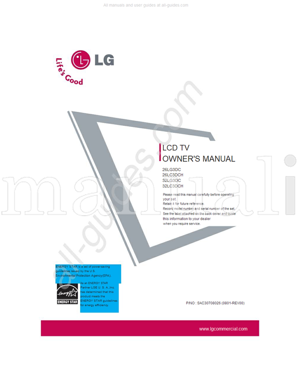 LG 26LG3DC 26LC3DCH 32LG3DC 32LC3DCH SAC30708026 (88 pages) TV Operating Manual