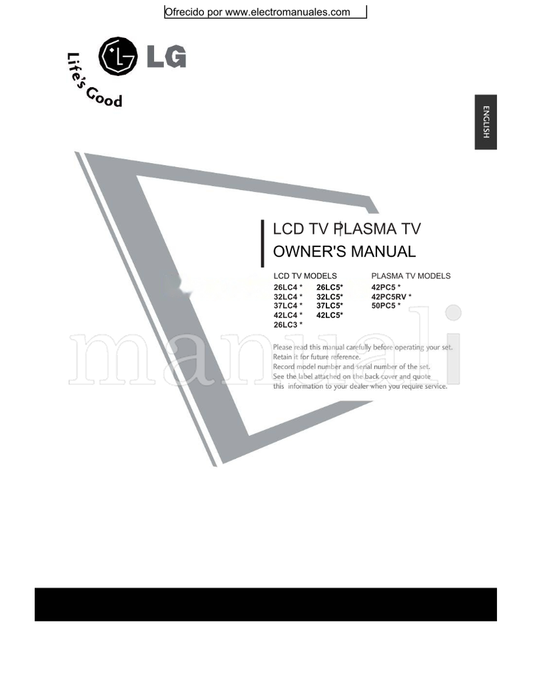 LG 26LC4 26LC5* 32LC4 32LC5* 37LC4 37LC5* 42LC4 42LC5* 26LC3 (94 pages) TV Operating Manual