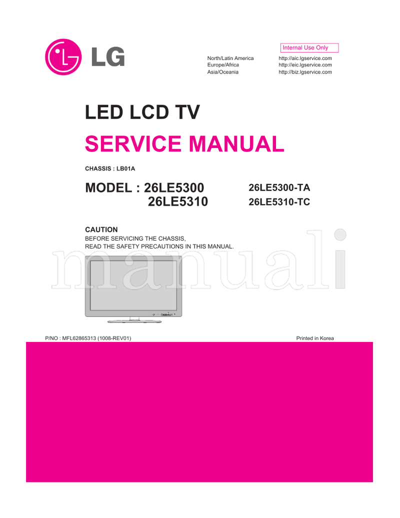 LG LB01A 26LE5300 MFL62865313 26LE5310 26LE5300-TA 26LE5310-TC (42 pages) TV Service Manual