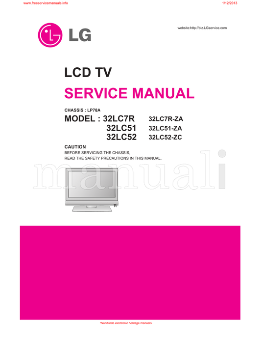 LG LP78A 32LC7R 32LC51 32LC52 32LC7R-ZA 32LC51-ZA 32LC52-ZC (39 pages) TV Service Manual
