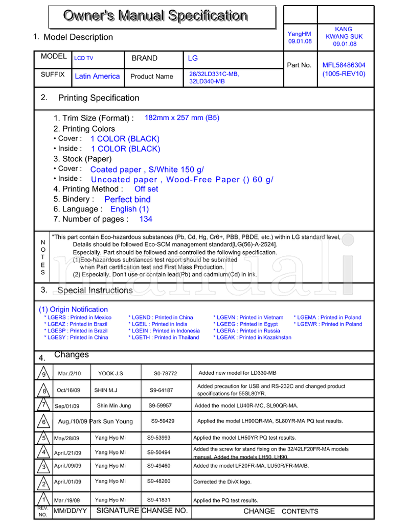 LG S0-78772 S9-64187 S9-59957 S9-59429 S9-53993 S9-50494 (136 pages) TV Operating Manual