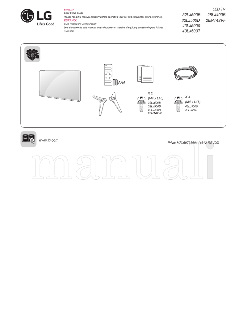 LG 32LJ500B 32LJ500D 28LJ400B 28MT42VF 43LJ5000 43LJ500T (43 pages) TV Operating Manual