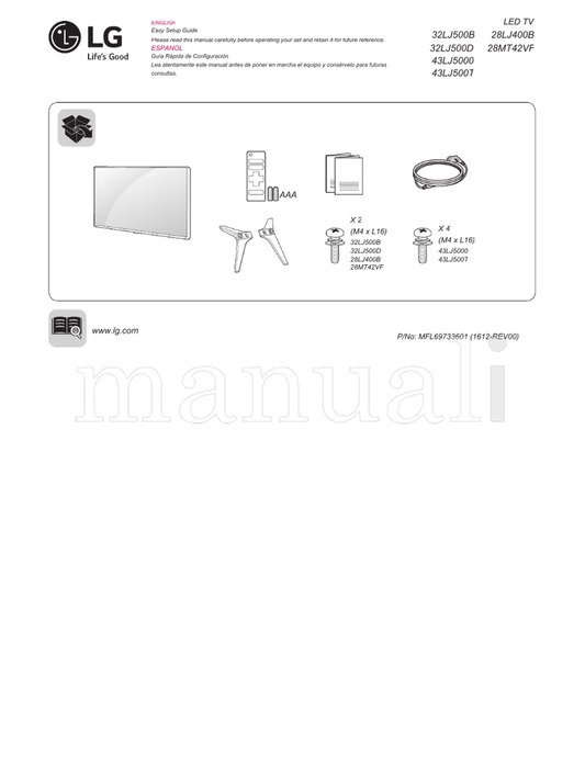 LG 32LJ500B 32LJ500D 28LJ400B 28MT42VF 43LJ5000 43LJ500T (43 pages) TV Operating Manual