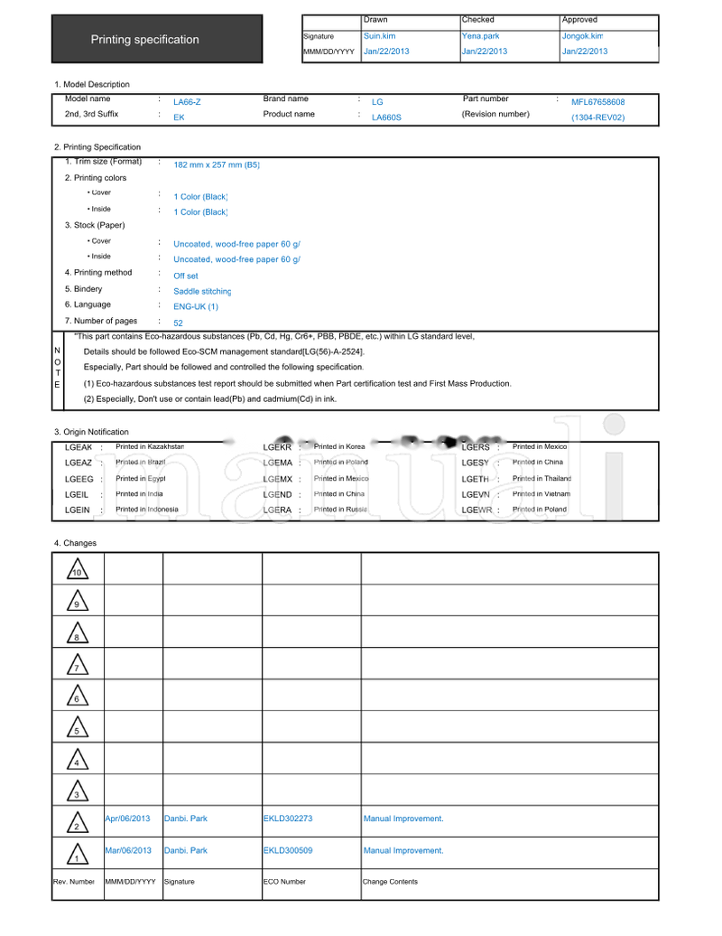 LG LA66-Z EKLD302273 EKLD300509 LA660S MFL67658608 (54 pages) TV Operating Manual