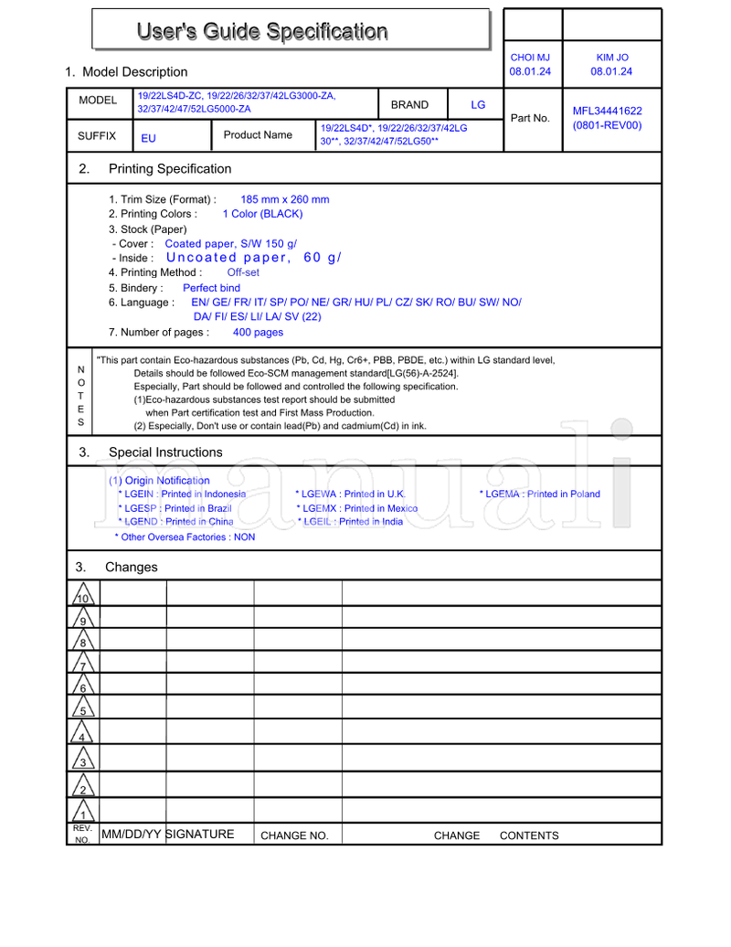 LG Description 22LS4D-ZC 42LG3000-ZA 52LG5000-ZA 22LS4D* (404 pages) TV Operating Manual