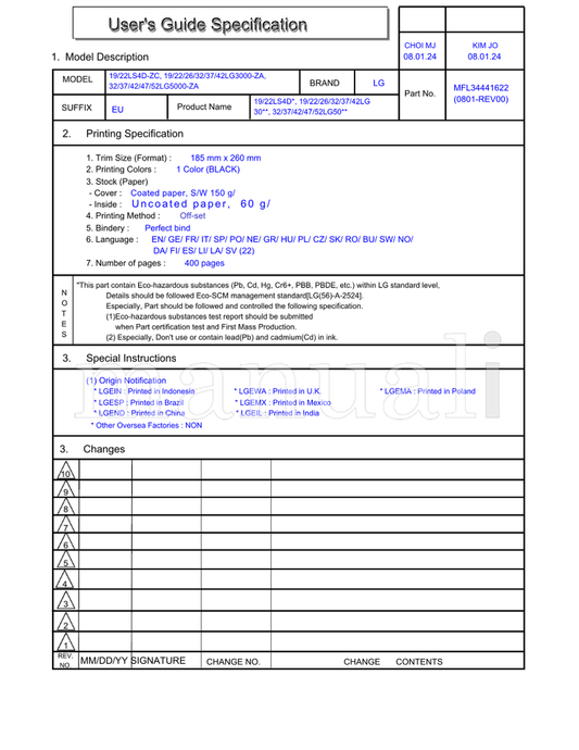 LG Description 22LS4D-ZC 42LG3000-ZA 52LG5000-ZA 22LS4D* (404 pages) TV Operating Manual