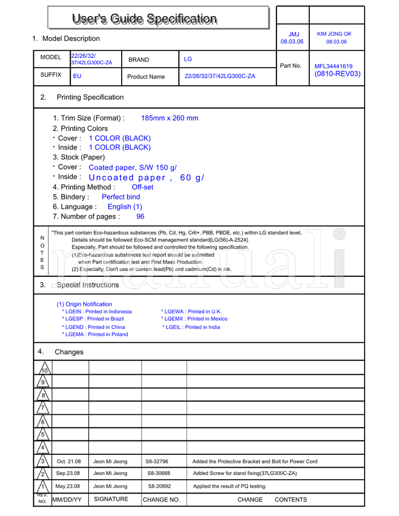LG 42LG300C-ZA S8-32796 S8-30668 S8-20892 MFL34441619 (98 pages) TV Operating Manual