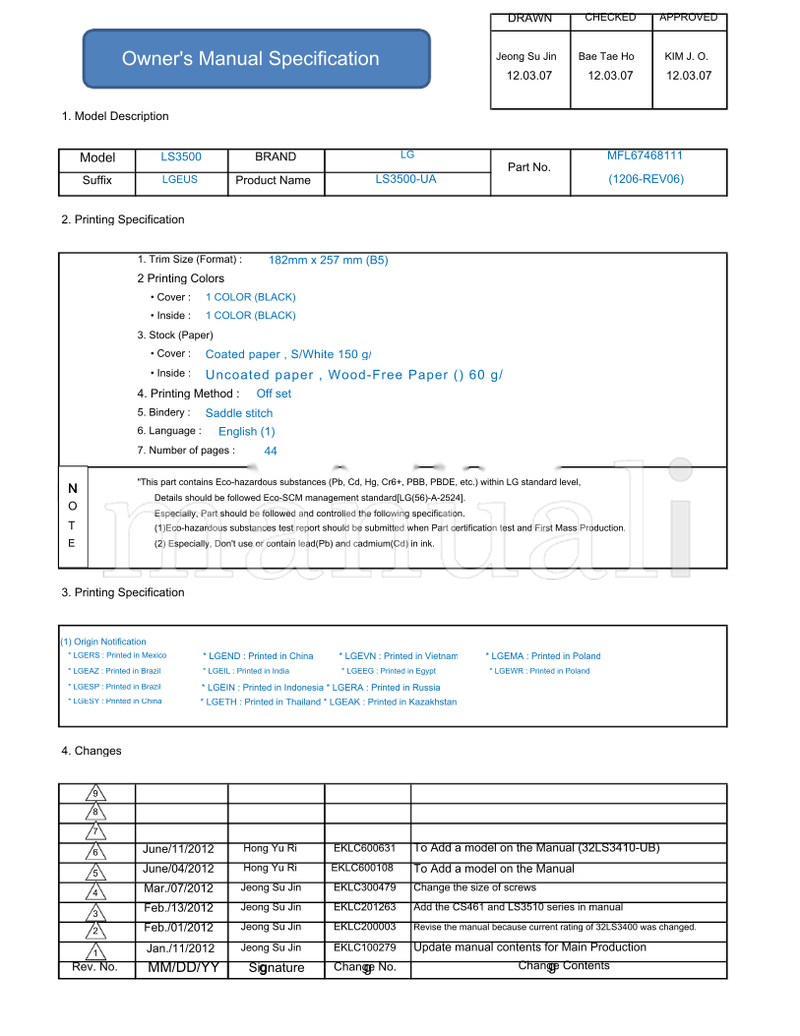 LG LS3500 LS3500-UA EKLC600631 EKLC600108 EKLC300479 EKLC201263 (46 pages) TV Operating Manual