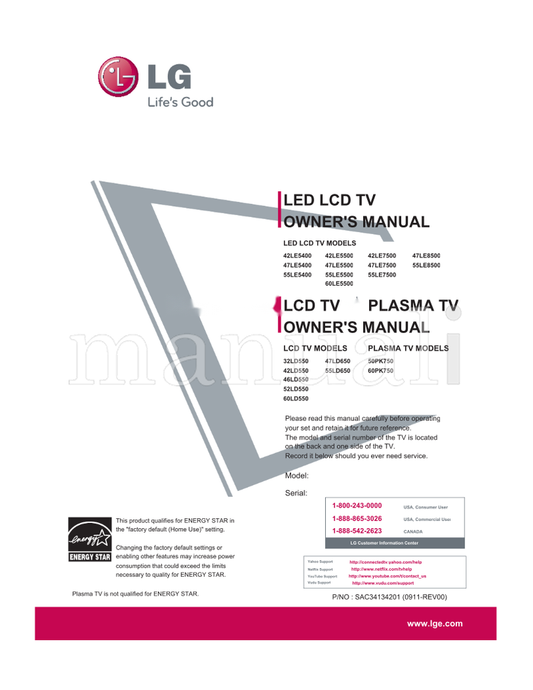 LG 42LE5400 42LE5500 42LE7500 47LE5400 47LE5500 47LE7500 (136 pages) TV Operating Manual