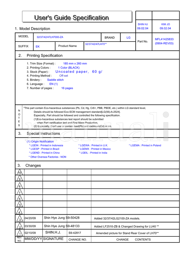LG 47LH7000-ZA S9-42817 47LH70** MFL41425833 (19 pages) TV Operating Manual