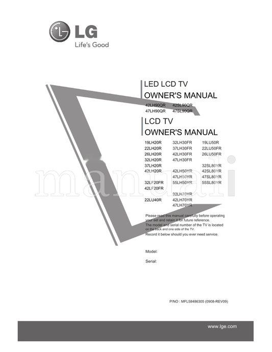 LG 42SL90QR 42LH90QR 47SL90QR 47LH90QR 19LH20R 32LH30FR 22LH20R (126 pages) TV Operating Manual
