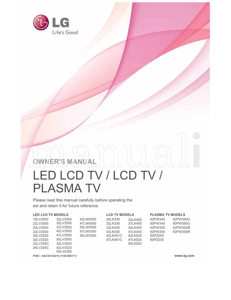 LG 32LV3400 19LV2500 32LV3500 22LV2500 37LV3500 26LV2500 (126 pages) TV Operating Manual