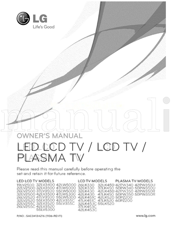LG 19LV2500 32LV3400 22LV2500 32LV3500 26LV2500 37LV3500 (128 pages) TV Operating Manual