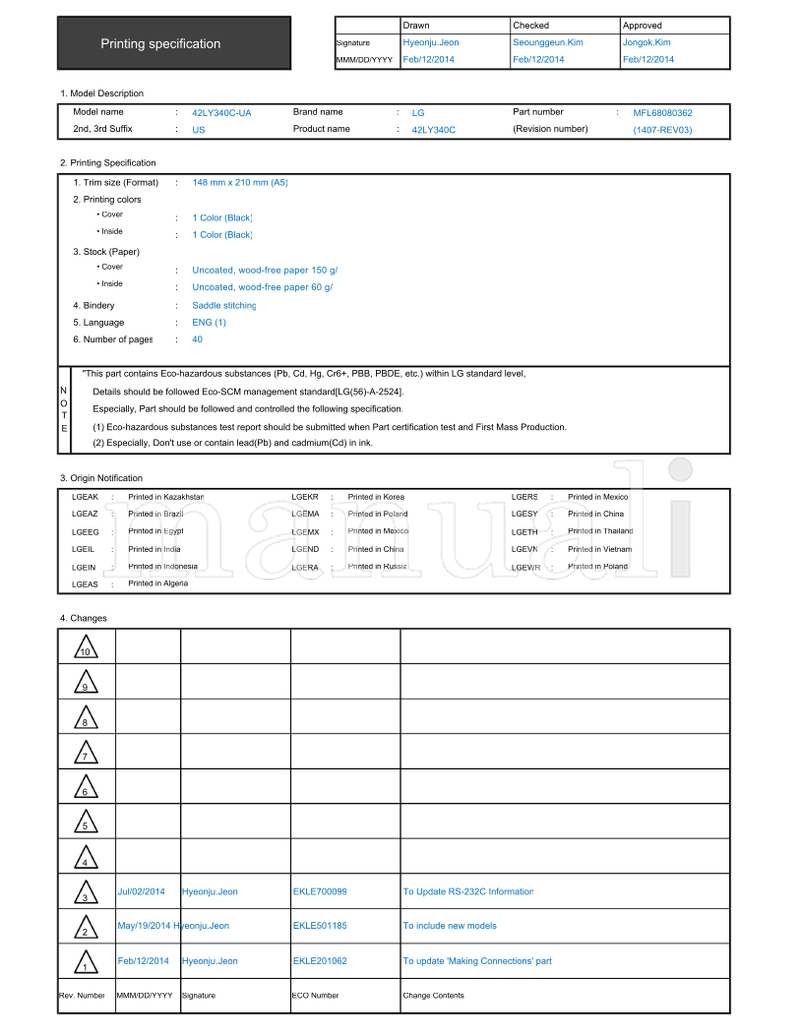 LG 42LY340C-UA EKLE700099 EKLE501185 EKLE201062 42LY340C (42 pages) TV Operating Manual