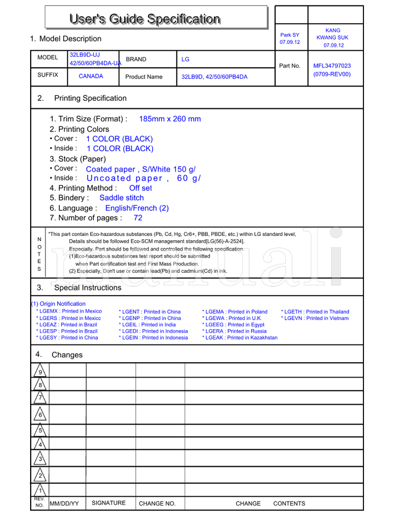 LG 32LB9D-UJ 60PB4DA-UA 185mm 32LB9D 60PB4DA MFL34797023 (74 pages) TV Operating Manual