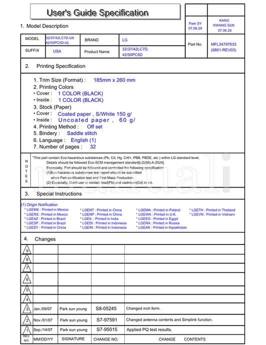 LG 42LC7D-UK 50PC5D-UL 185mm S8-05245 S7-97591 S7-95015 42LC7D (34 pages) TV Operating Manual