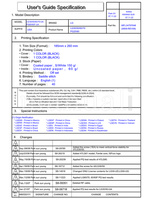 LG 60F-UA 185mm S8-29785 S8-26219 S8-20239 S8-16712 S8-14016 (42 pages) TV Operating Manual
