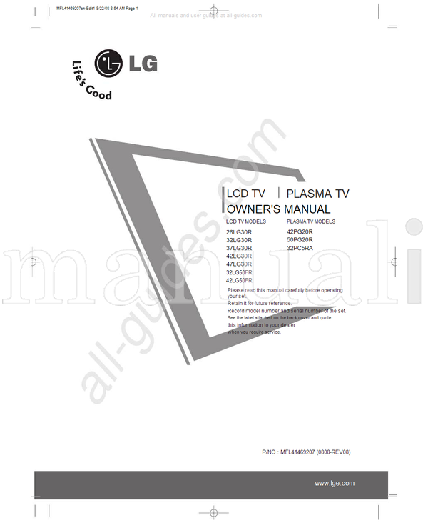 LG MFL41469207en-Edit1 42PG20R 26LG30R 50PG20R 32LG30R 37LG30R (100 pages) TV Operating Manual