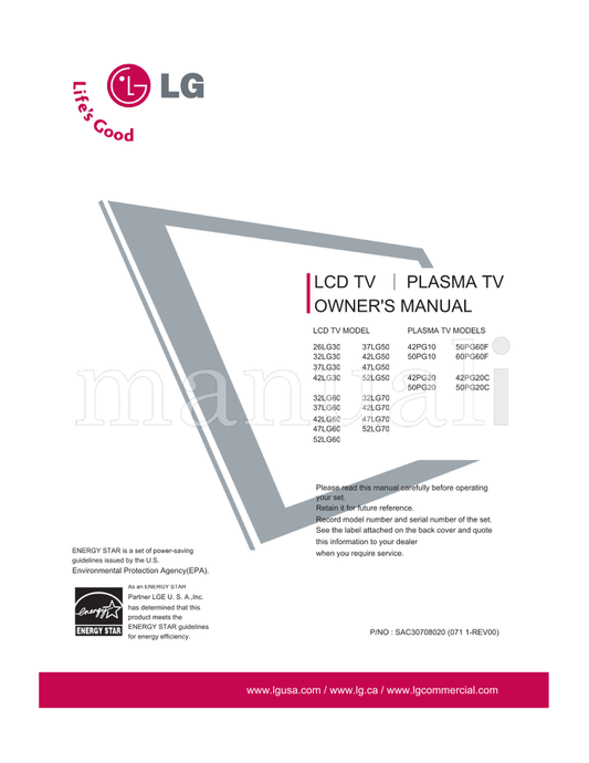 LG 26LG30 32LG30 37LG30 42LG30 32LG60 37LG60 42LG60 47LG60 (83 pages) TV Operating Manual