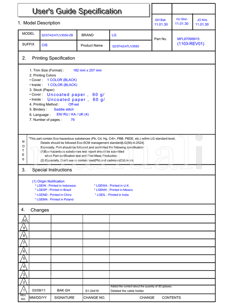 LG 47LV3550-ZB S1-24419 47LV3550 MFL67099915 (78 pages) TV Operating Manual
