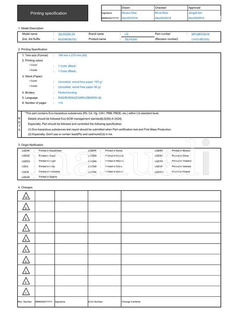LG 32LF6300-ZA 32LF6300 MFL68702216 (114 pages) TV Operating Manual