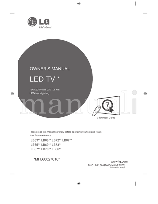 LG LB63** LB68** LB72** LB87** LB65** LB69** LB73** LB67** (322 pages) TV Operating Manual