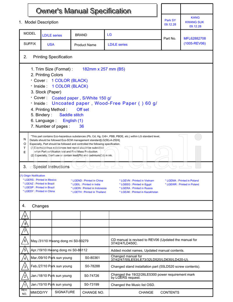 LG S0-80361 S0-78288 S0-74726 S0-73199 55LE53 32LD520 LD630 (38 pages) TV Operating Manual
