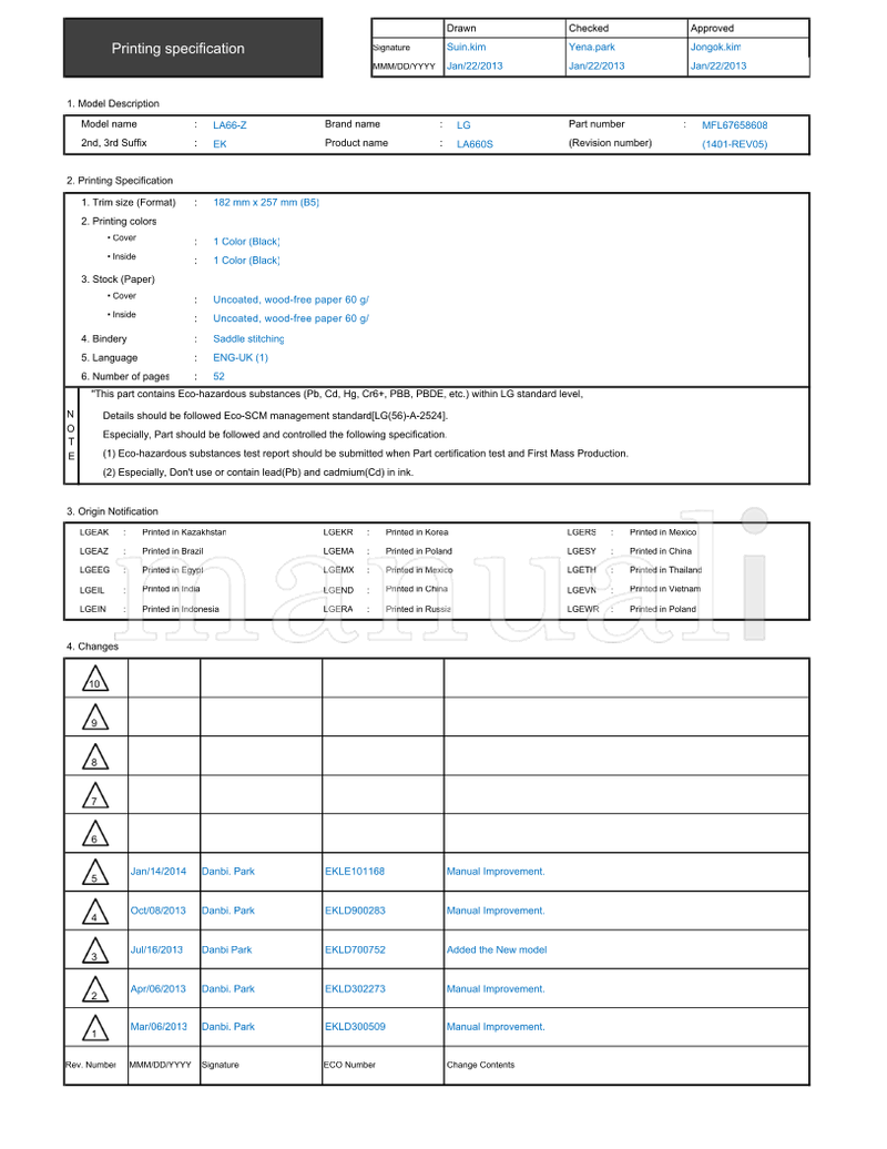 LG LA66-Z EKLE101168 EKLD900283 EKLD700752 EKLD302273 (54 pages) TV Operating Manual