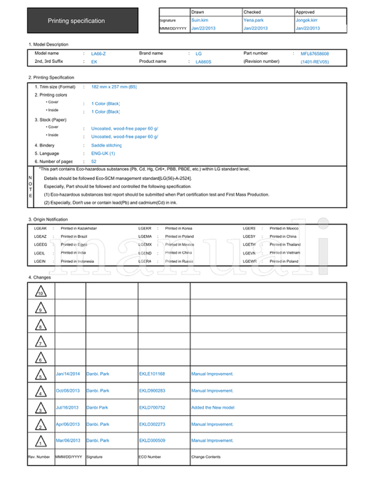 LG LA66-Z EKLE101168 EKLD900283 EKLD700752 EKLD302273 (54 pages) TV Operating Manual