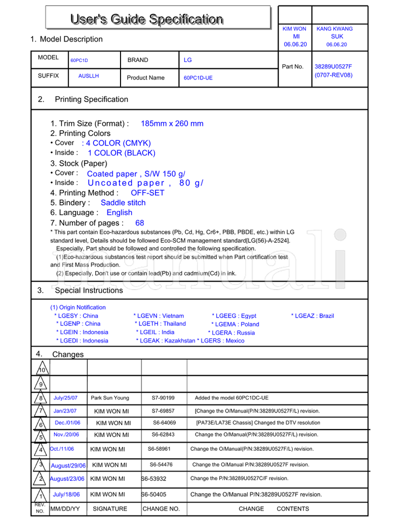 LG 60PC1D 185mm S7-90199 S7-69857 S6-64069 S6-62843 S6-58961 (70 pages) TV Operating Manual