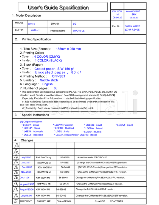 LG 60PC1D 185mm S7-90199 S7-69857 S6-64069 S6-62843 S6-58961 (70 pages) TV Operating Manual