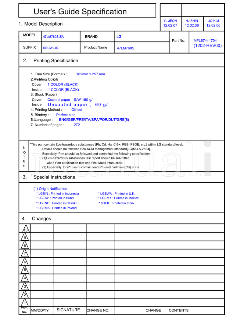 LG 47LM760S-ZA 47LM760S 182mm MFL67441704 (274 pages) TV Operating Manual