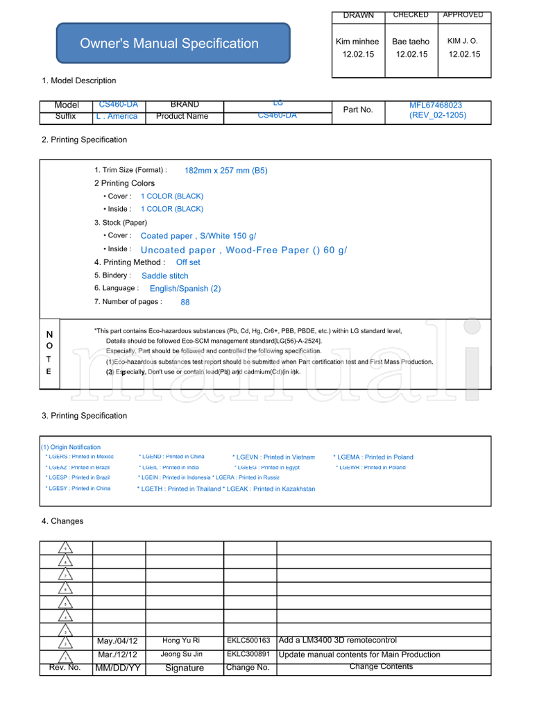 LG CS460-DA EKLC500163 EKLC300891 MFL67468023 (90 pages) TV Operating Manual