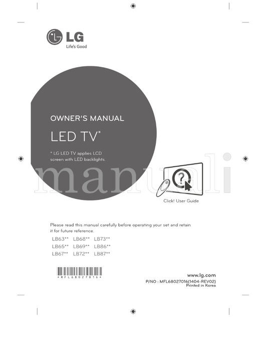 LG LB63** LB68** LB73** LB65** LB69** LB86** LB67** LB72** (254 pages) TV Operating Manual
