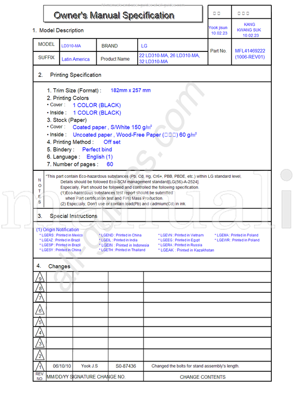 LG LD310-MA S0-87436 MFL41469222 (62 pages) TV Operating Manual