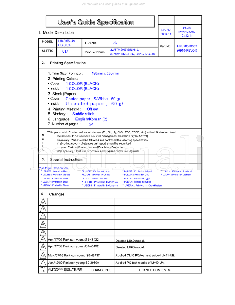 LG CL40-UA S9-48432 S9-43737 S9-39800 55LH40 55LH55 47CL40 (28 pages) TV Operating Manual
